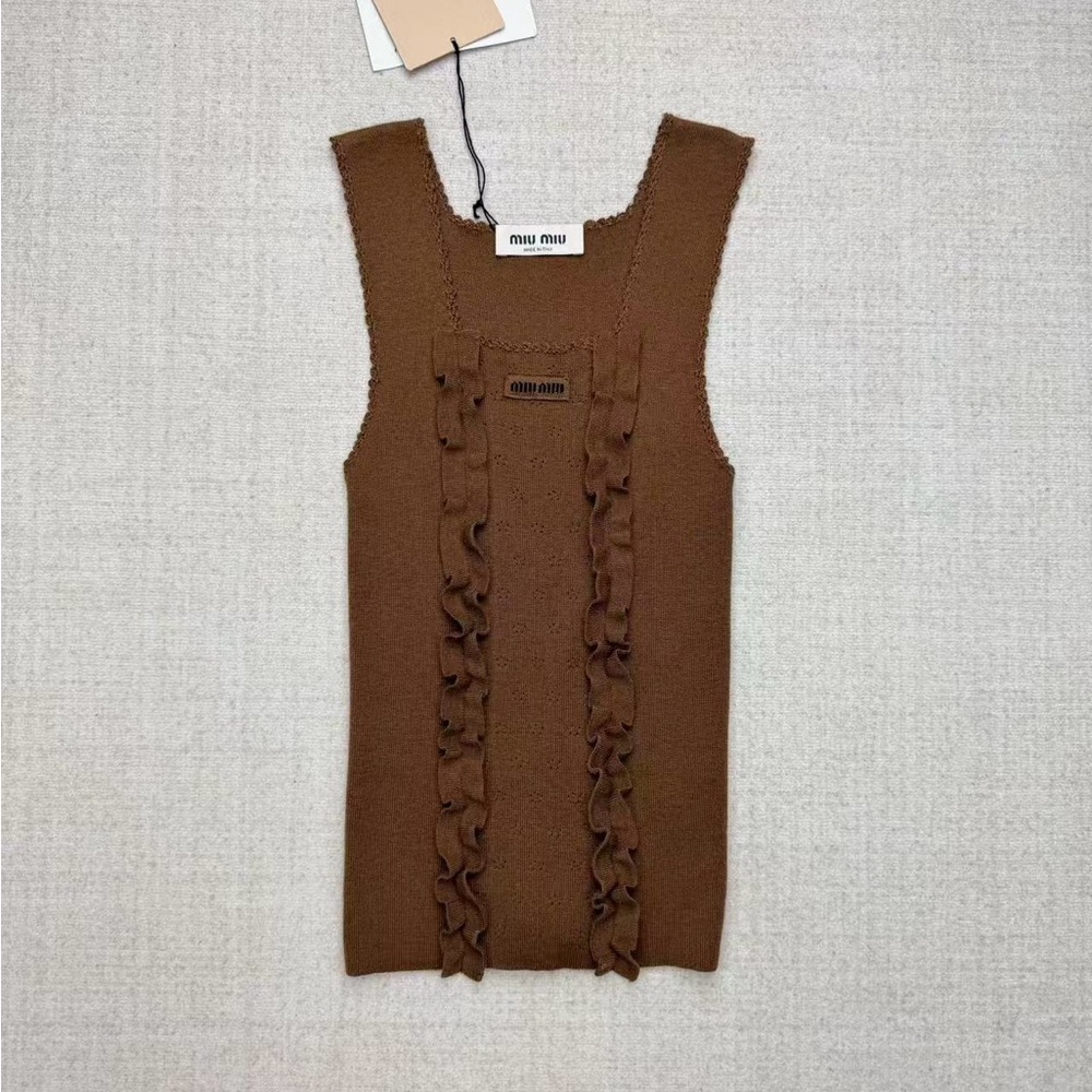 Miu Miu Chest-Ruffle Knit Tank in Warm Brown - Picture 4 of 8